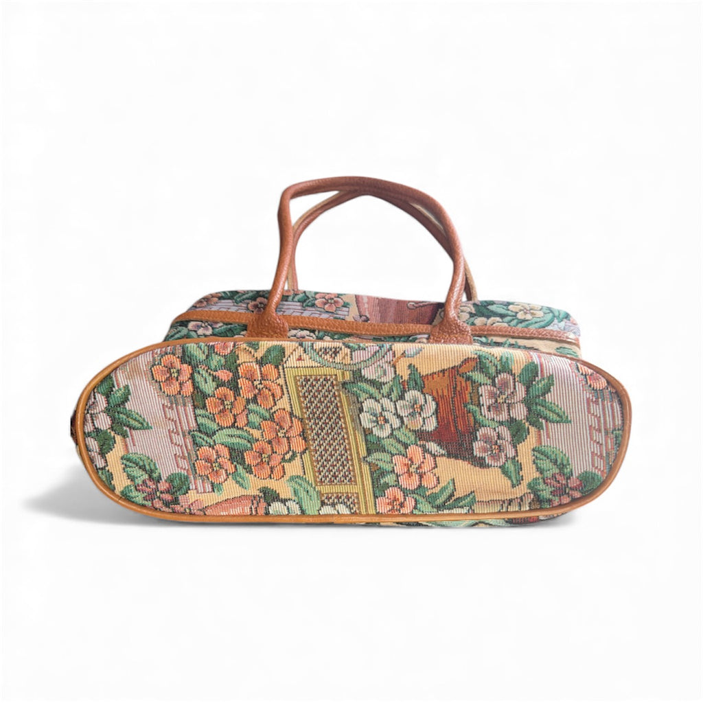 Vintage 80s GardenCore Tapestry Purse with Leather Straps