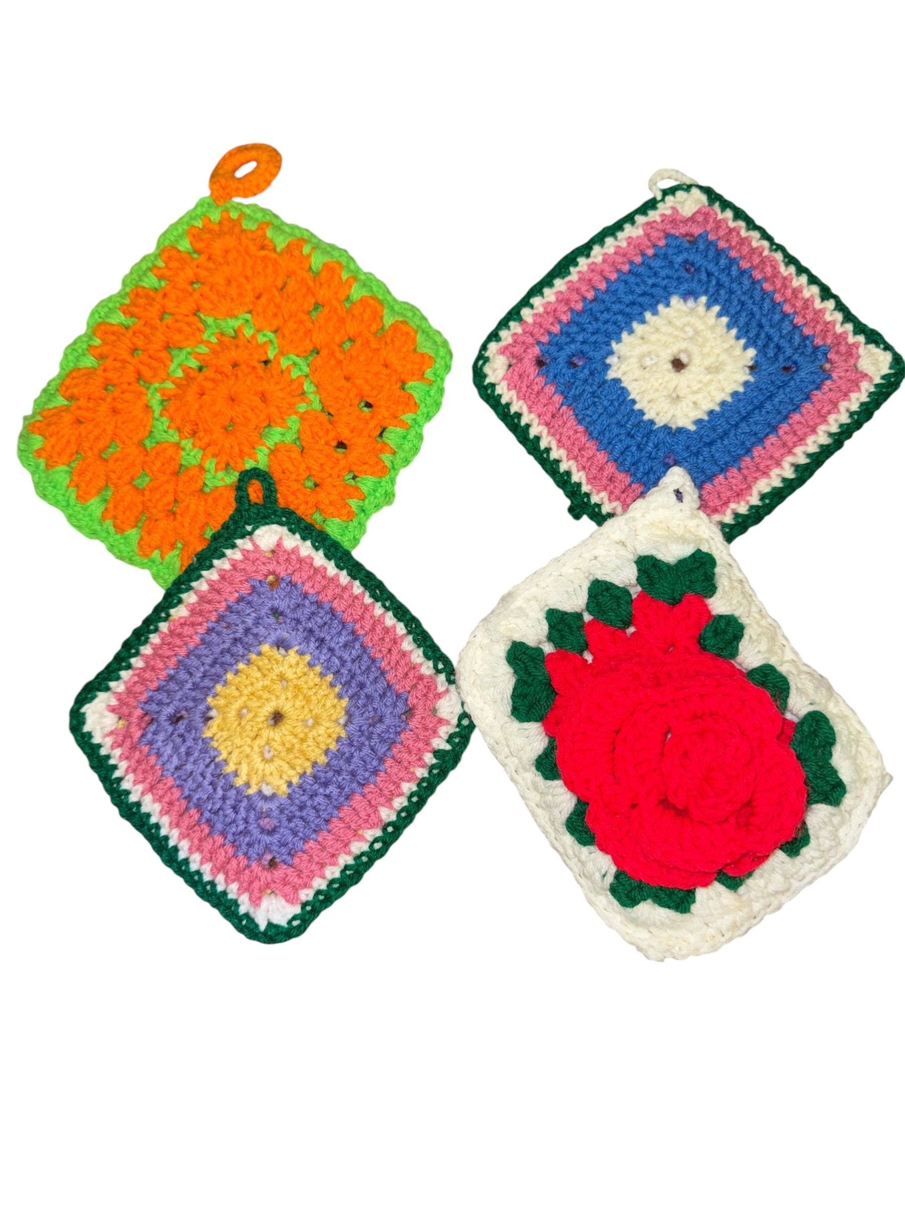 Vintage Lot Of 4 Hand Made Crochet Hot Pads Rose and Geometric Pattern