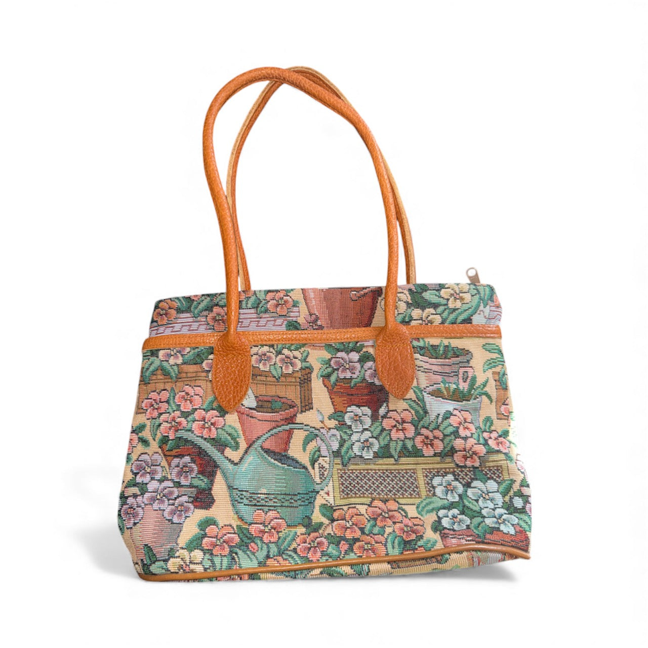 Vintage 80s GardenCore Tapestry Purse with Leather Straps