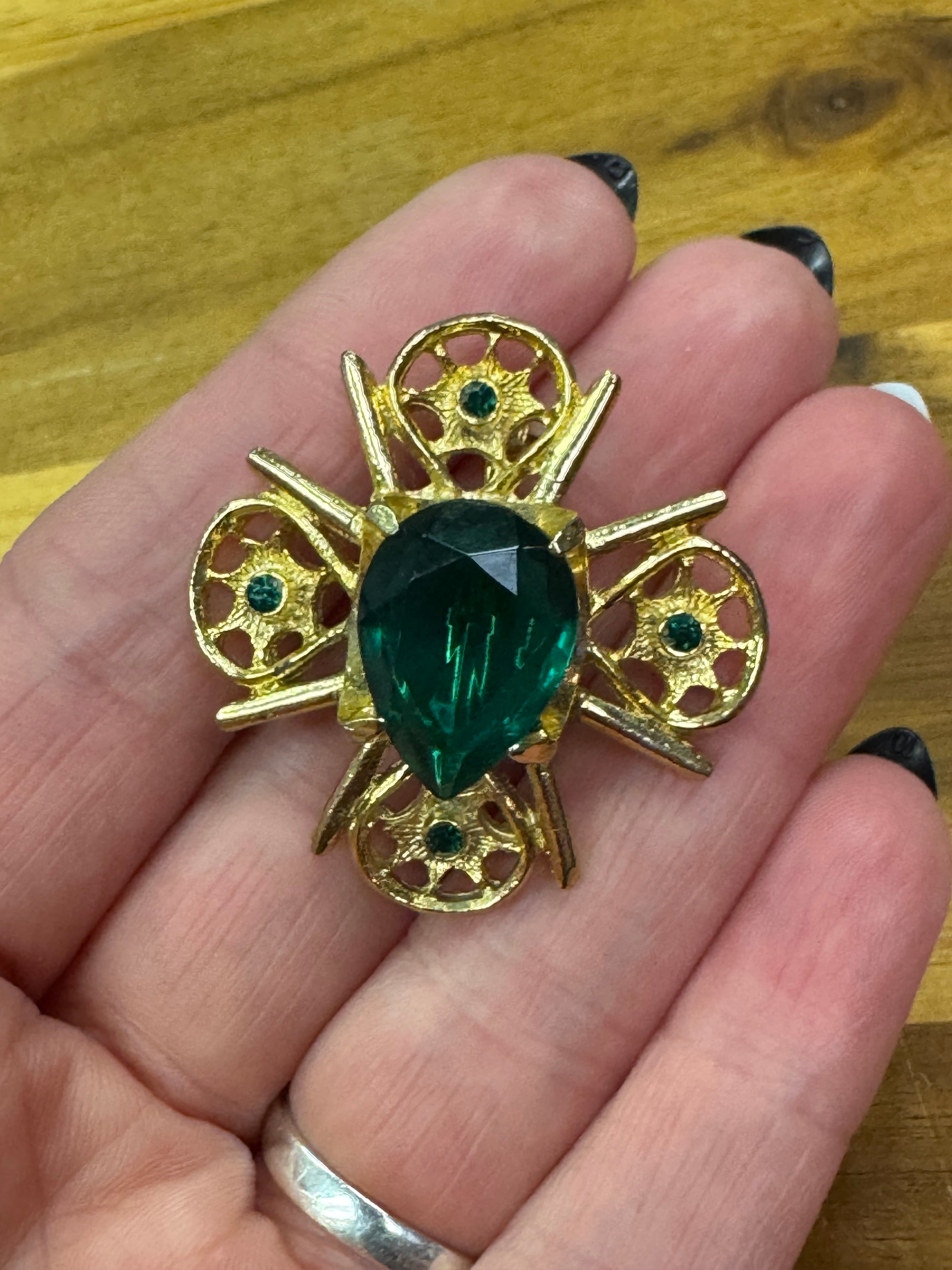 Vintage Green Rhinestone Brooch
