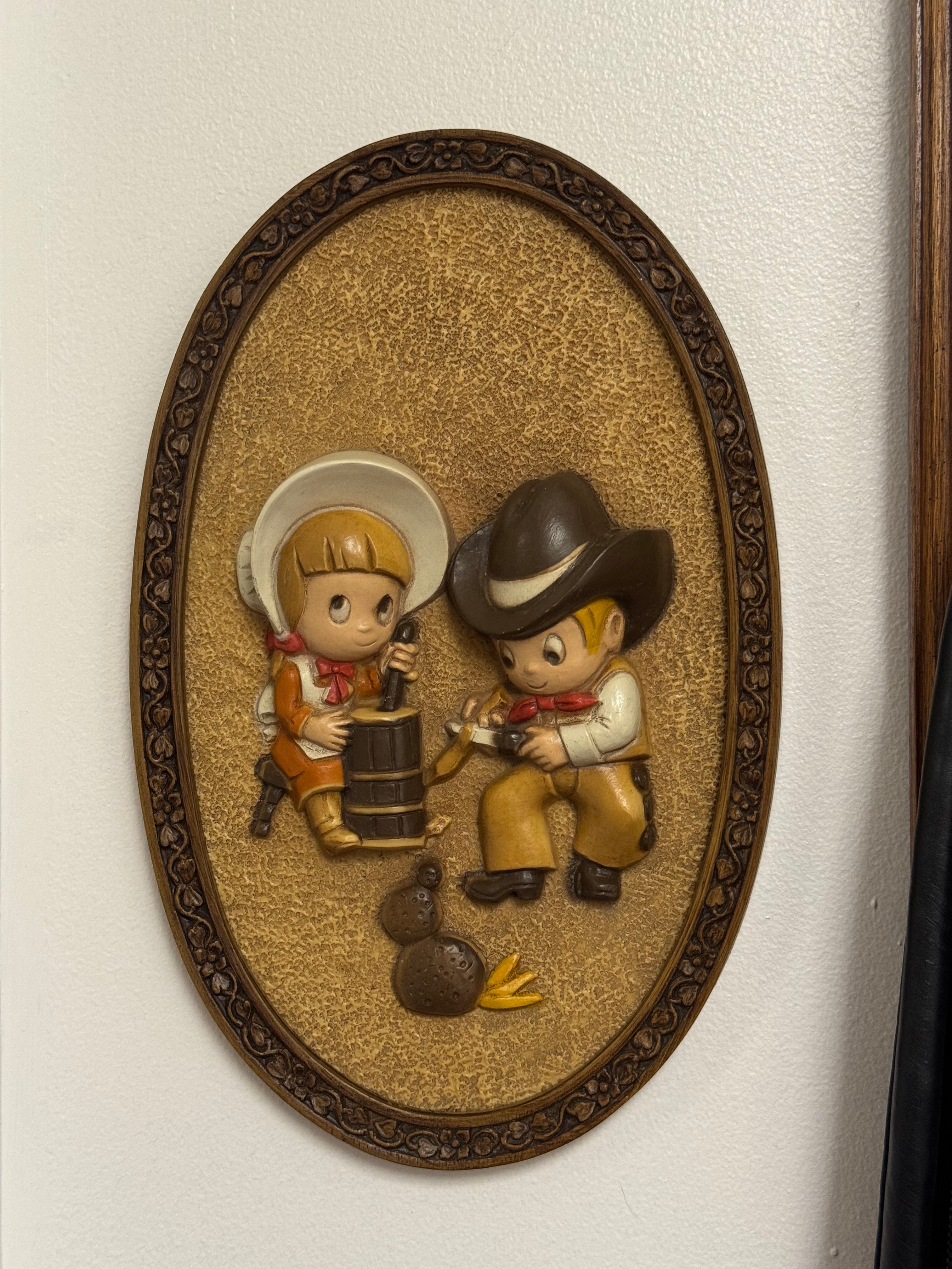 Vintage 1970s Burwood Hubbell 3D Oval Wall Plaque with Cute Cowboy & Cowgirl 14"x8"