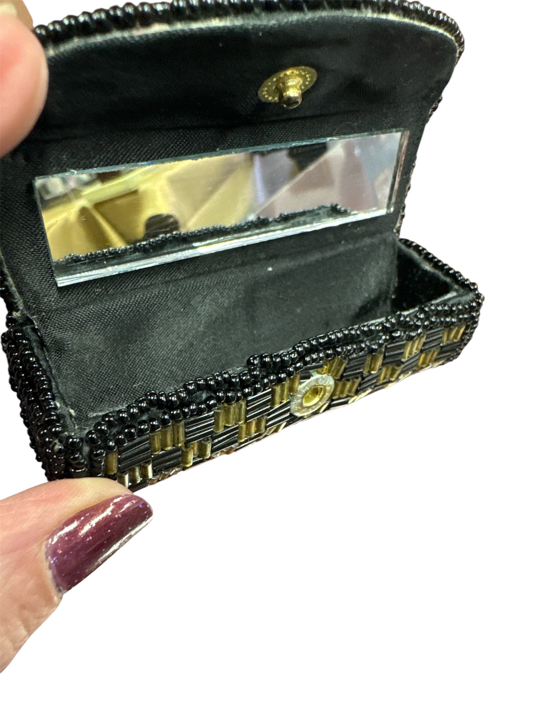 Vintage Black Gold Beaded Lipstick Case With Silk Lined Mirror