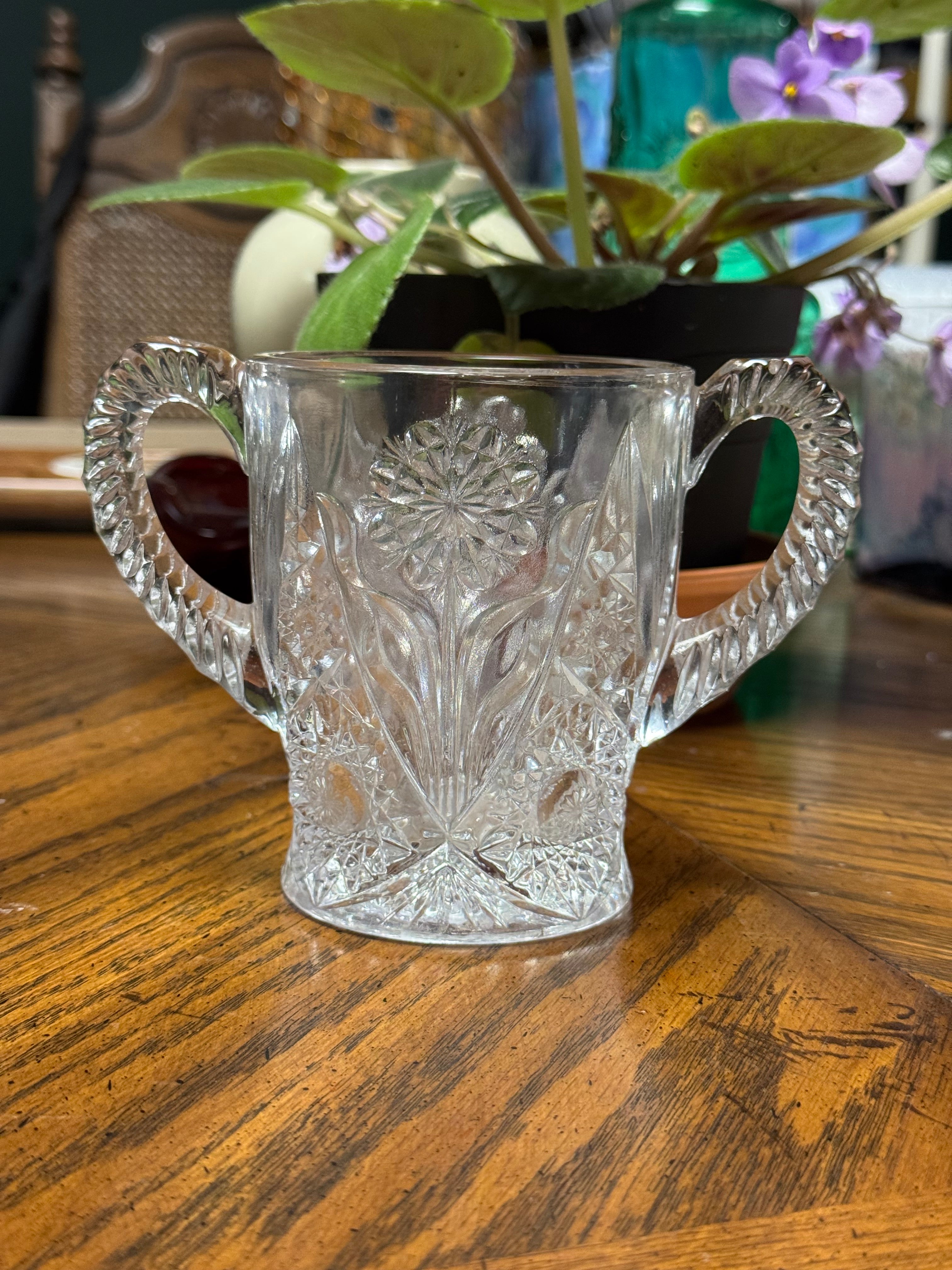 Vintage Crystal Clear Pressed Glass Spooner Dish~Vase Double Handles 5” Floral