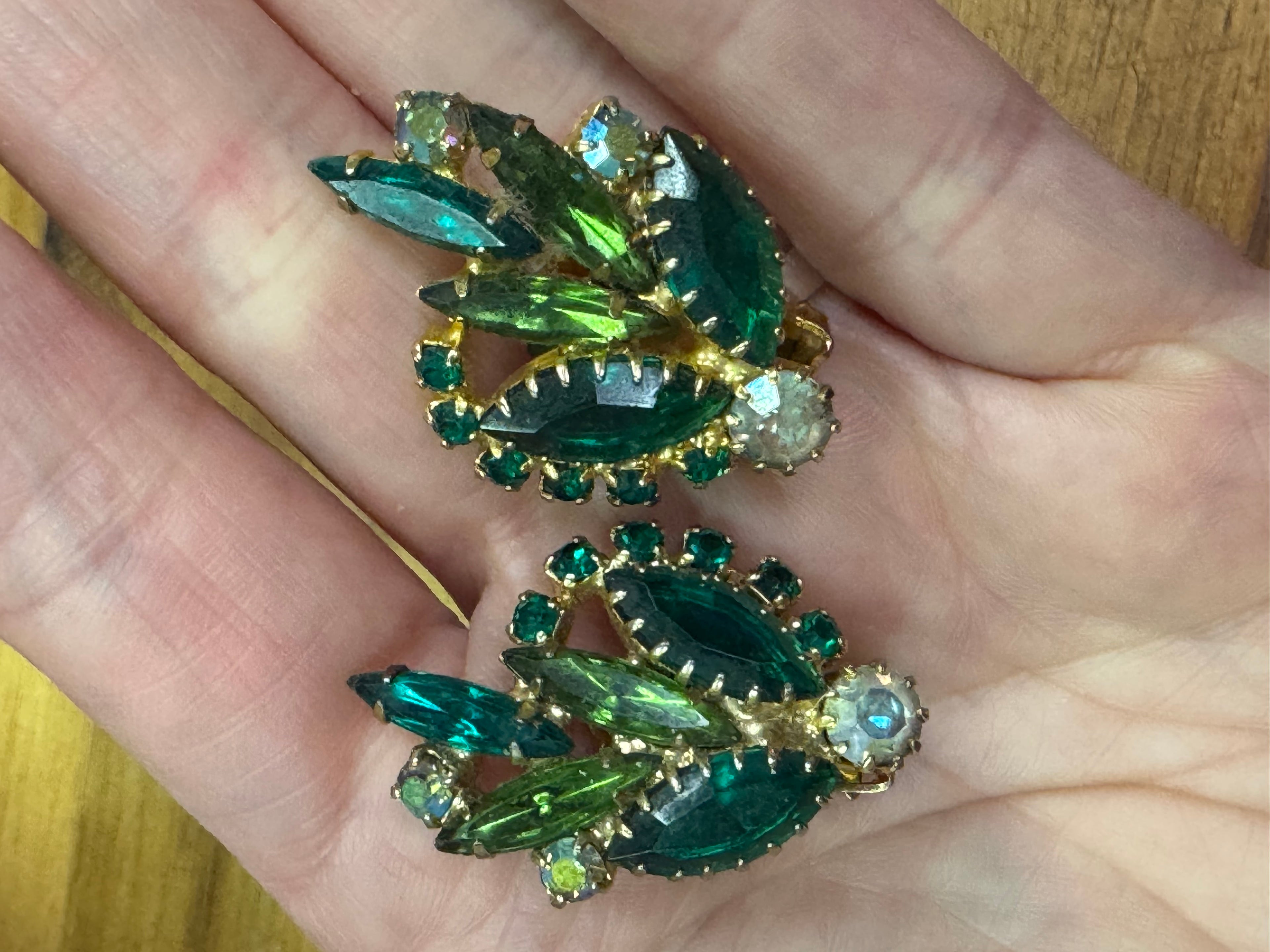 Vintage Green Rhinestone Unique Flower Earrings