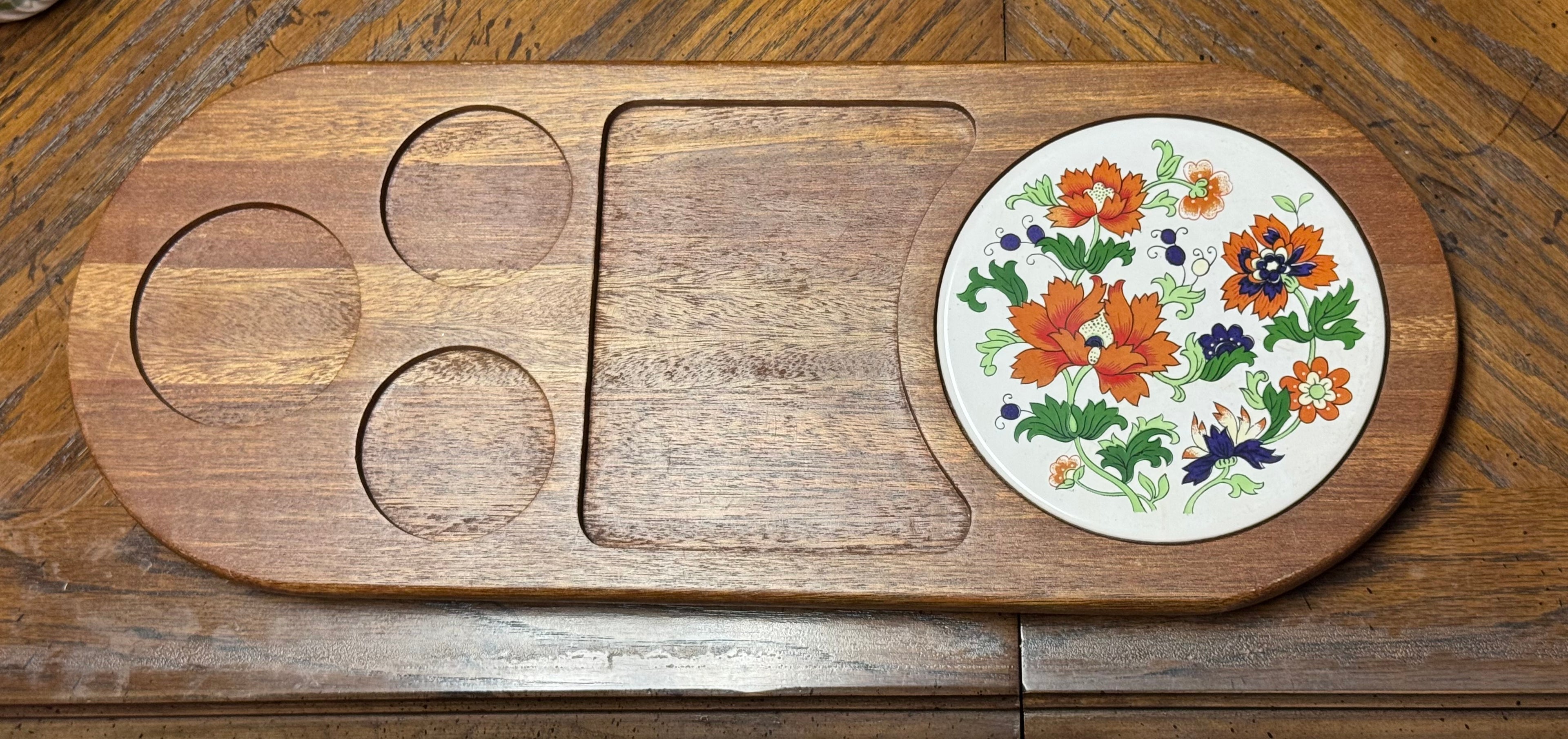 Vintage 1970s Dolphin Teakwood Floral Cheese Platter Board 19x8 Large