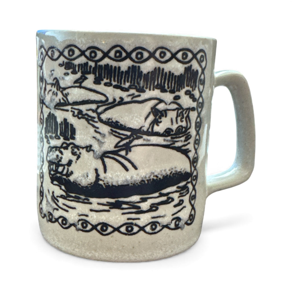 Vintage Speckled Gray Stoneware Embossed Hippopotamus Coffee Mug Made in Japan