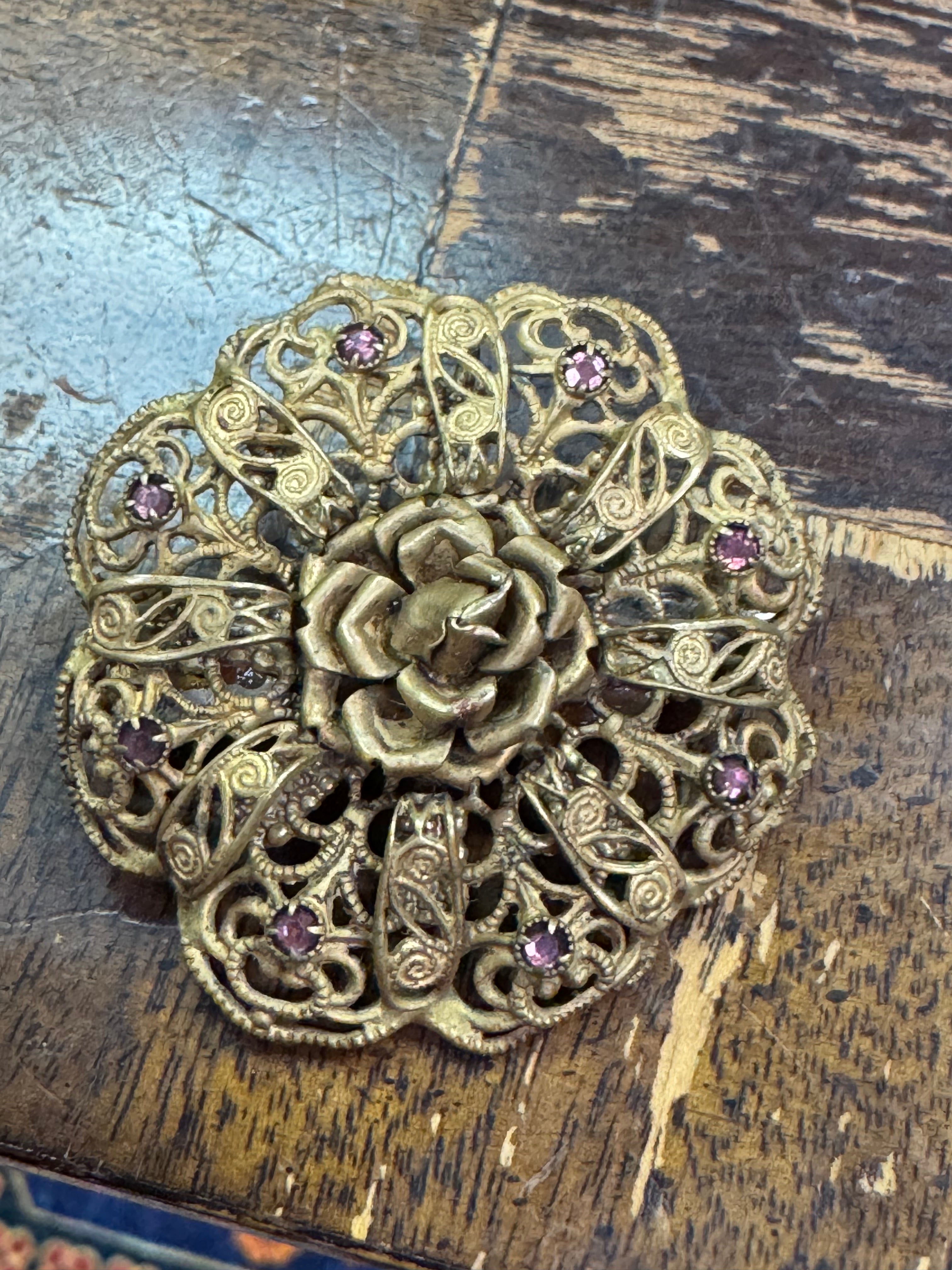 Vintage Victorian Filigree Jeweled Brooch