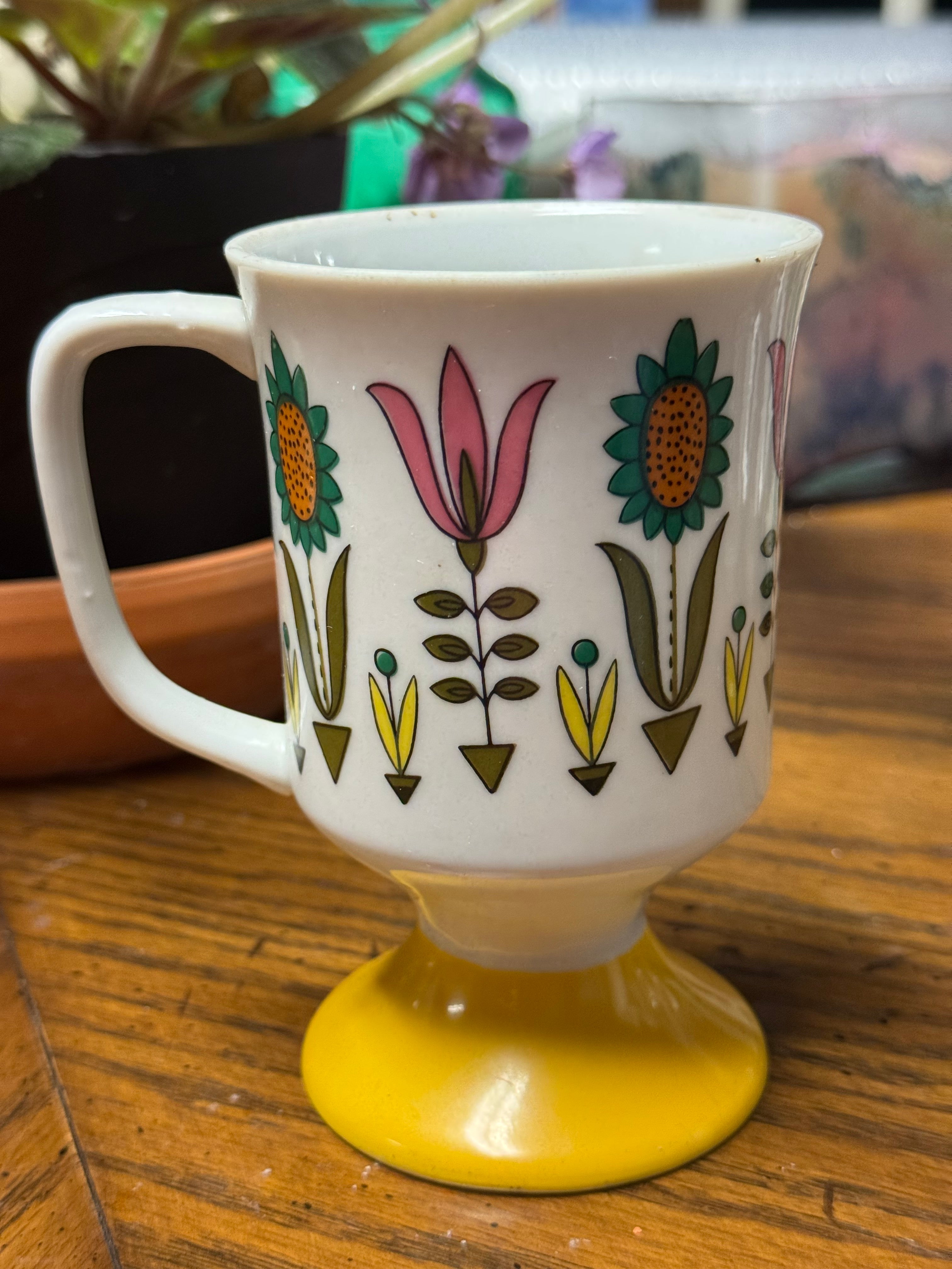 Vintage 1970's Pedestal Coffee Tea Cup Floral Retro Design with Yellow Base