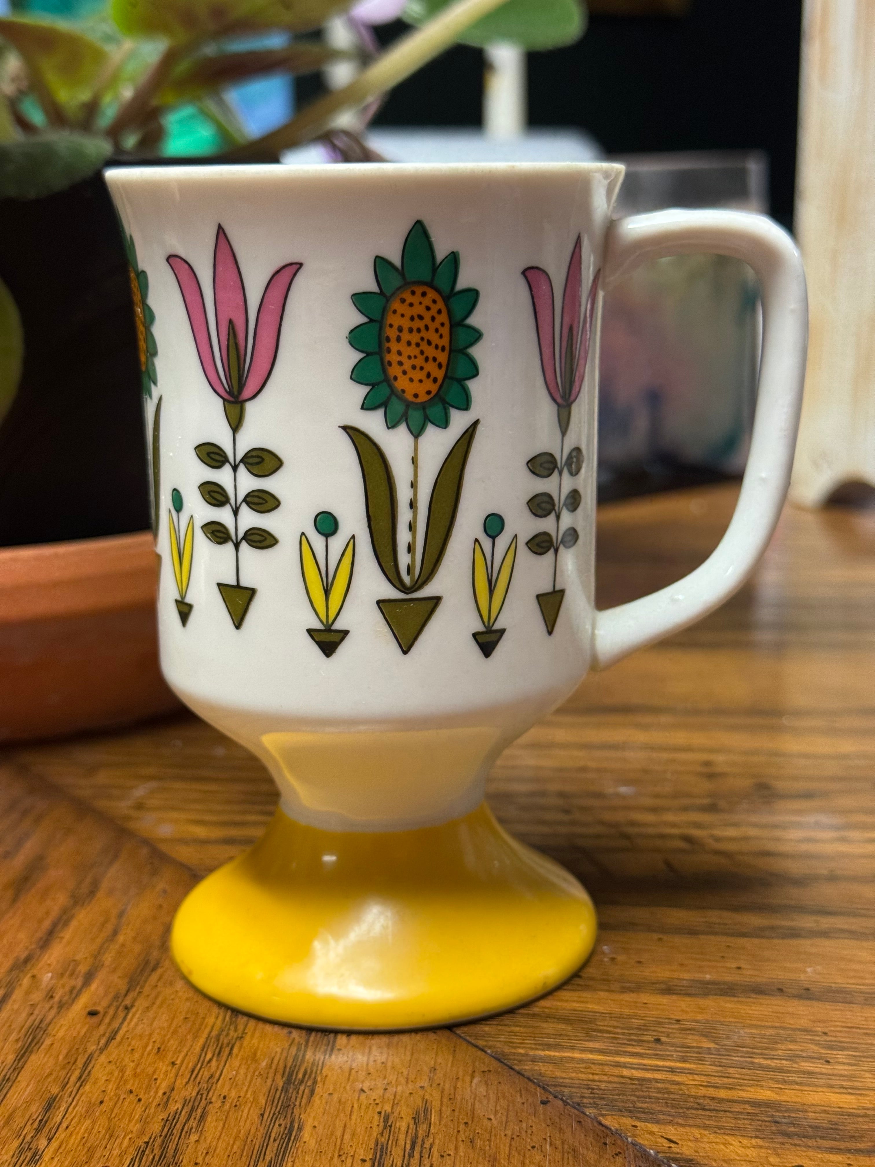 Vintage 1970's Pedestal Coffee Tea Cup Floral Retro Design with Yellow Base