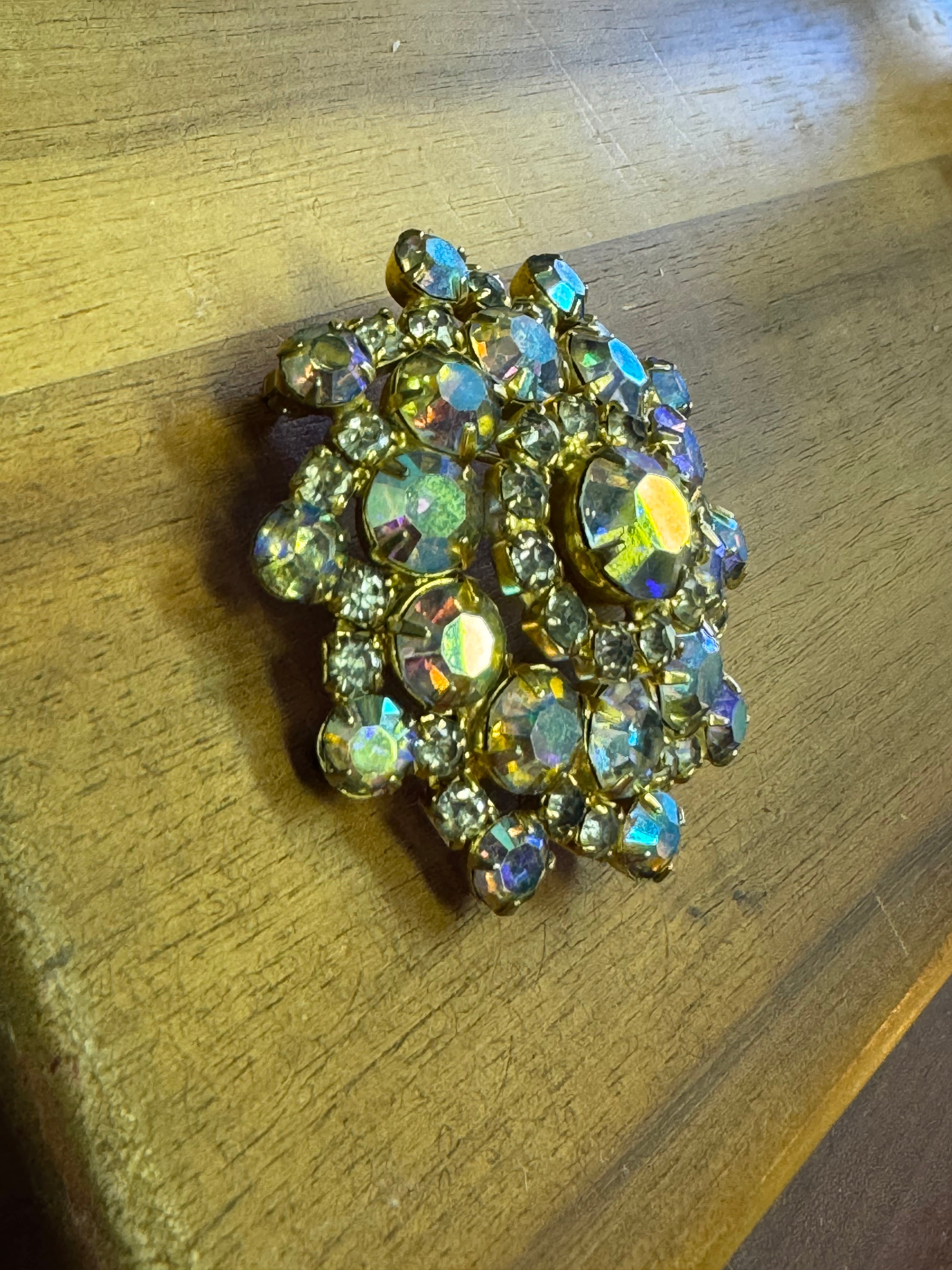 Vintage Aurora Borealis Faceted Layered Rhinestone Brooch