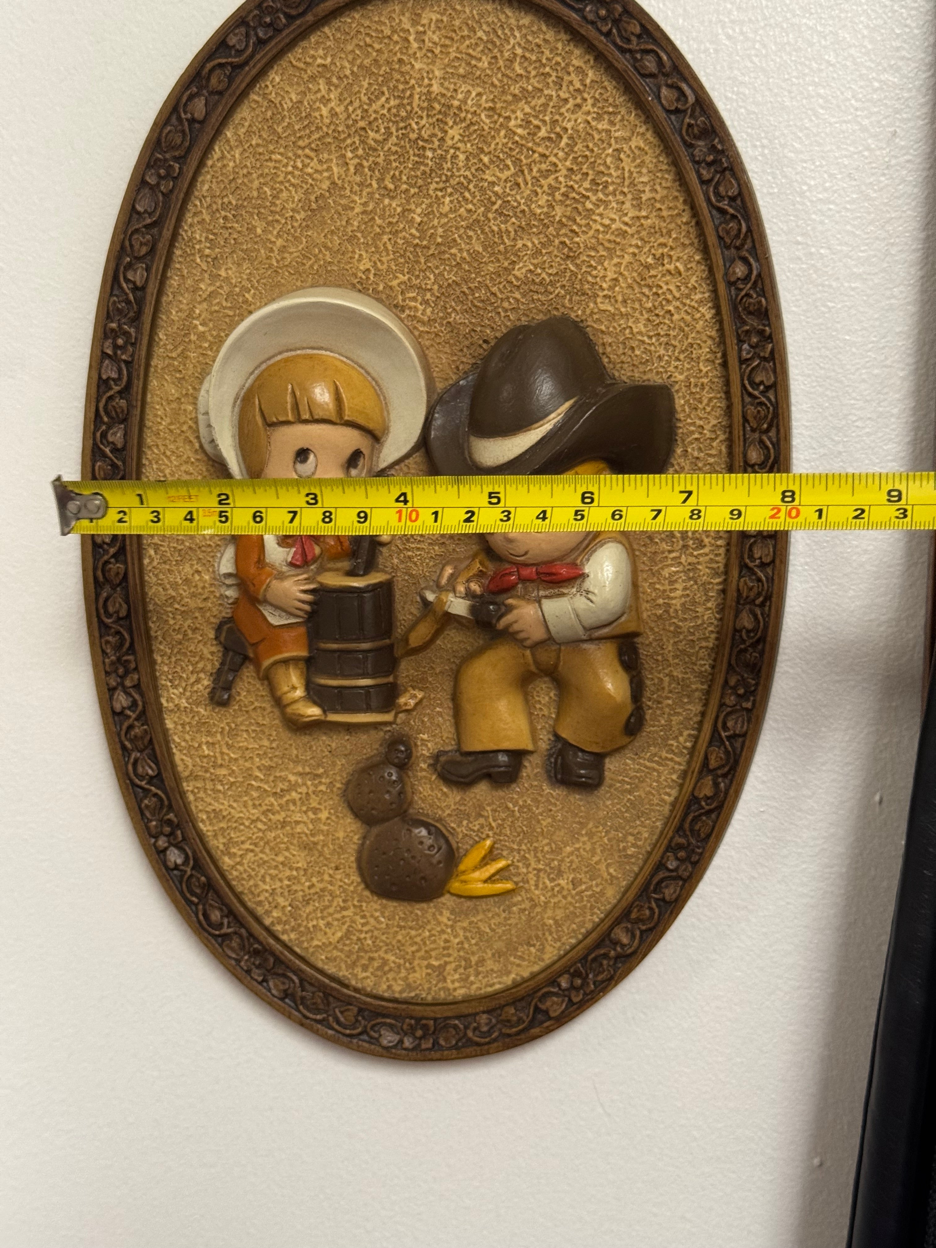 Vintage 1970s Burwood Hubbell 3D Oval Wall Plaque with Cute Cowboy & Cowgirl 14"x8"