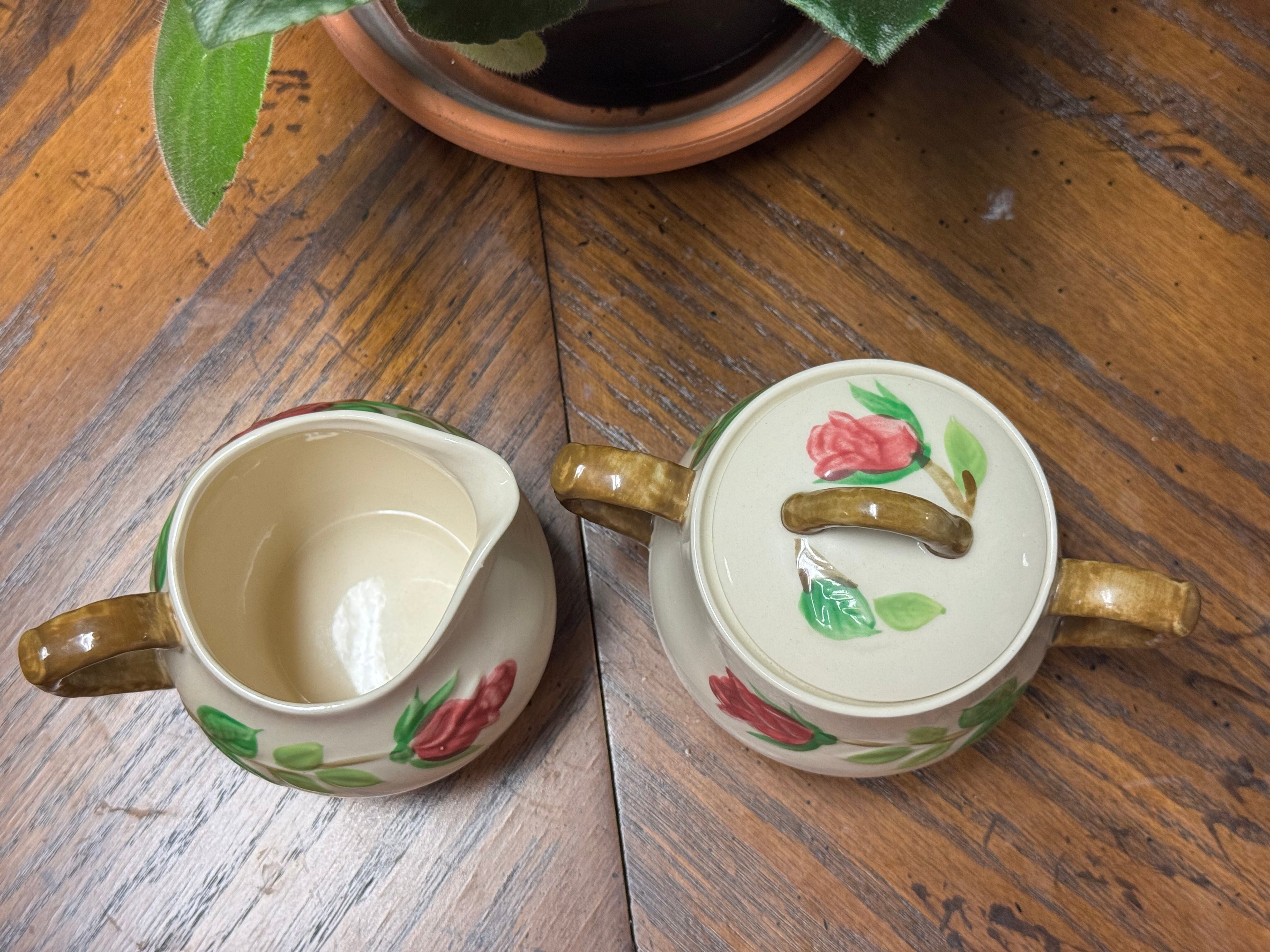 Vintage Norleans Earthenware American Beauty Rose Creamer & Sugar Bowl Pink Roses MCM