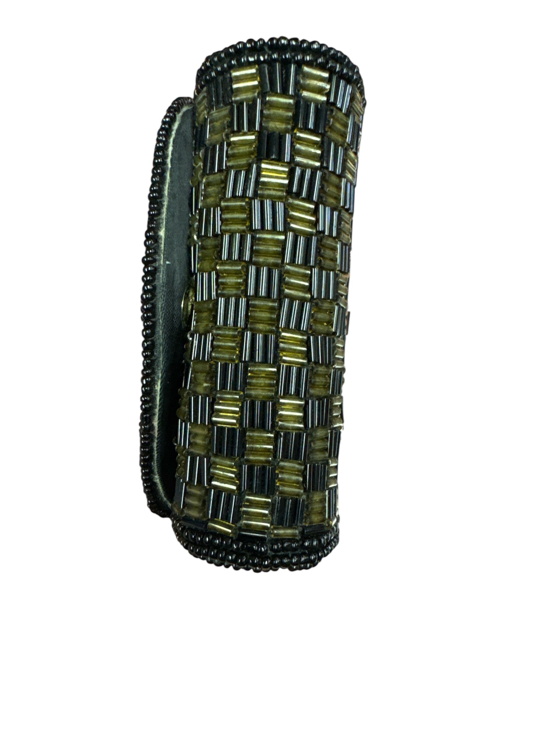 Vintage Black Gold Beaded Lipstick Case With Silk Lined Mirror