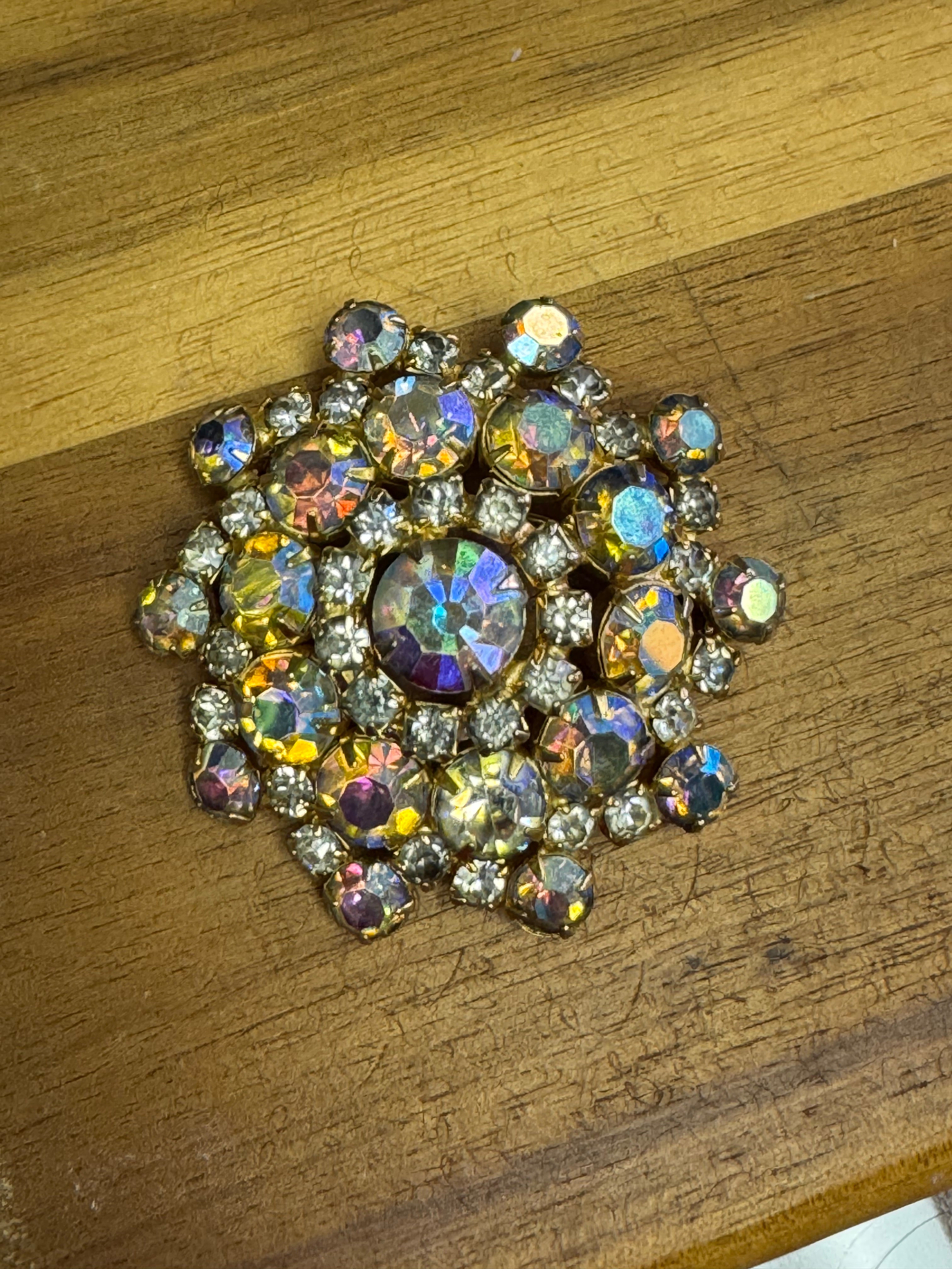 Vintage Aurora Borealis Faceted Layered Rhinestone Brooch