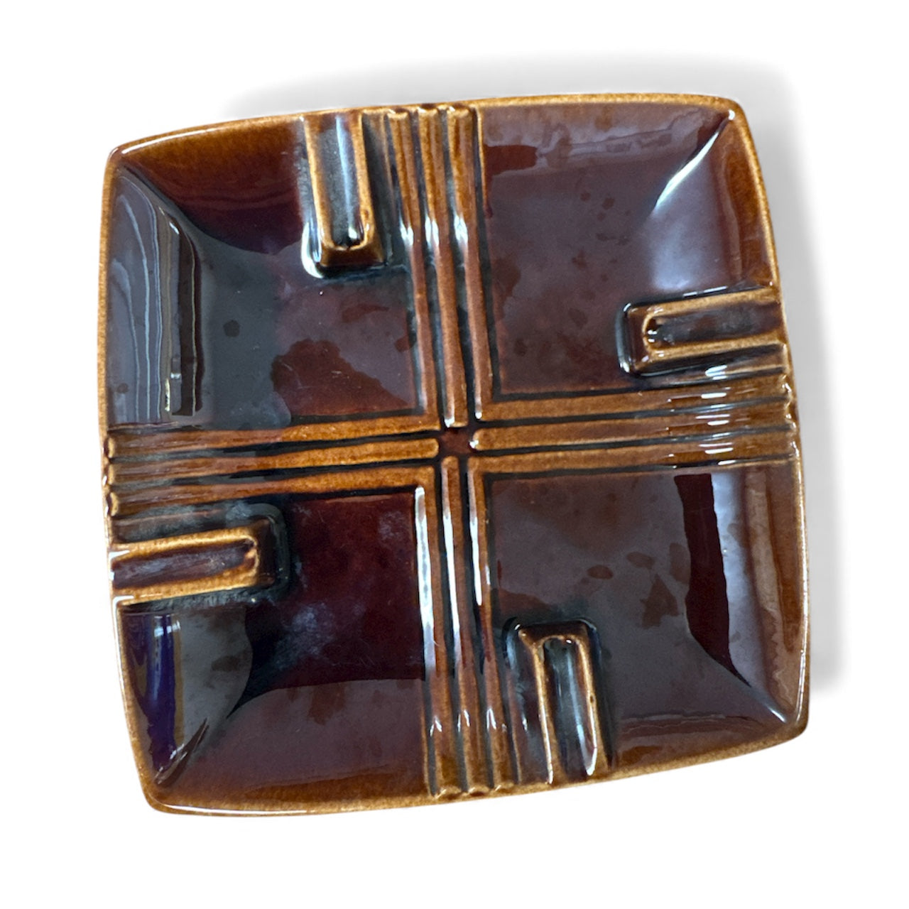 Vintage Ashtray Mid Century 7.5" Square Brown Pottery Decor Retro 70's