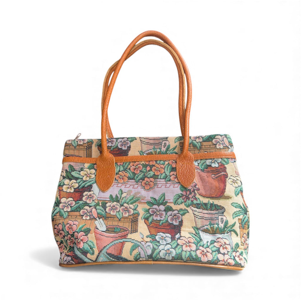 Vintage 80s GardenCore Tapestry Purse with Leather Straps