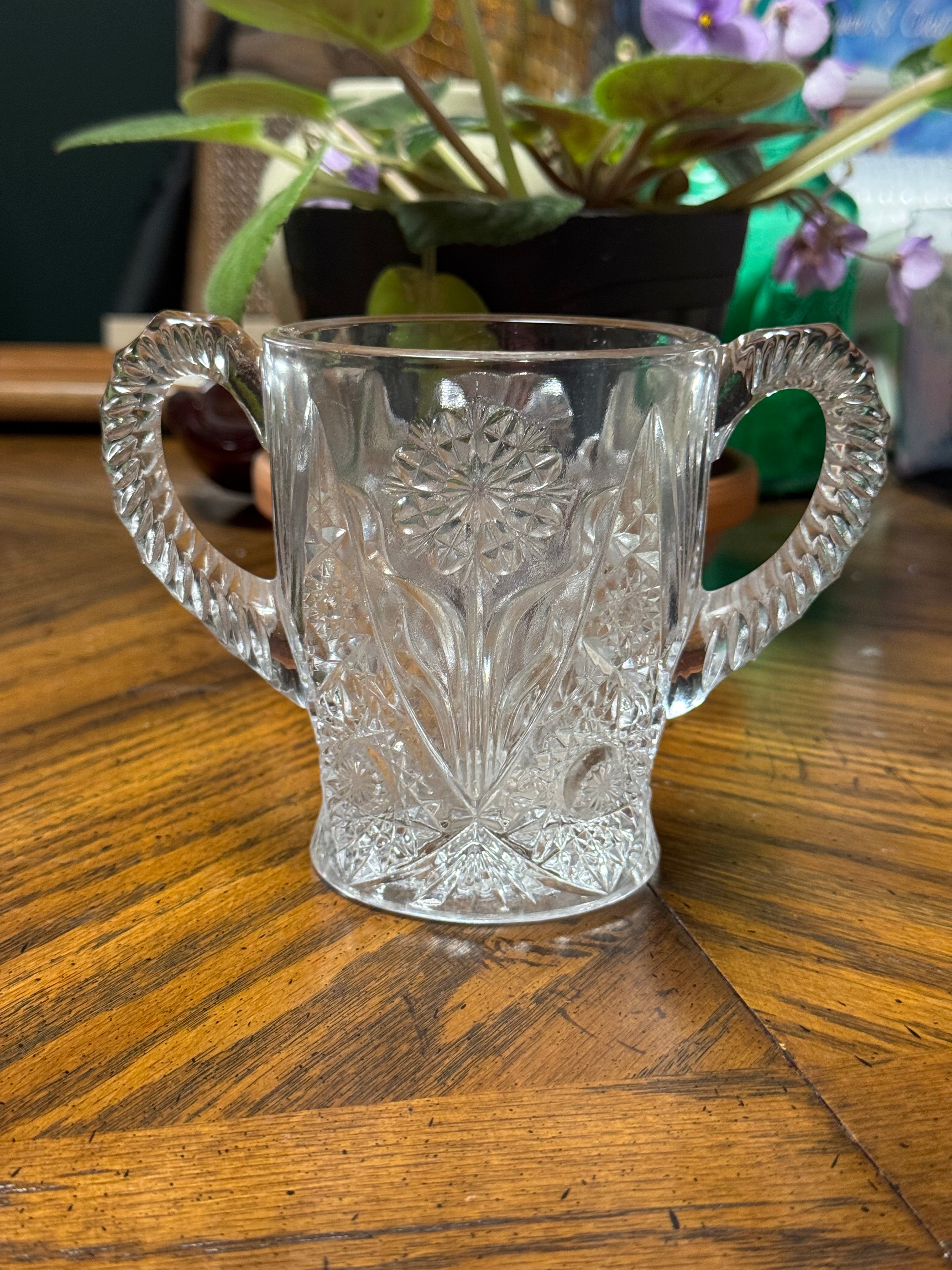 Vintage Crystal Clear Pressed Glass Spooner Dish~Vase Double Handles 5” Floral