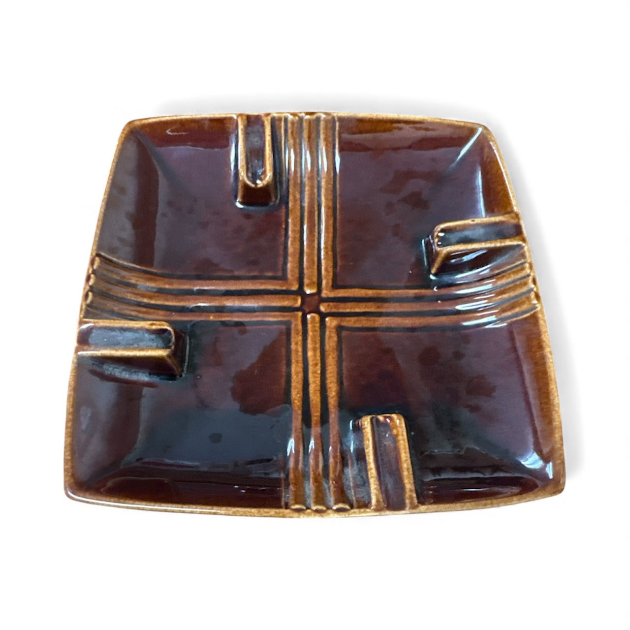 Vintage Ashtray Mid Century 7.5" Square Brown Pottery Decor Retro 70's