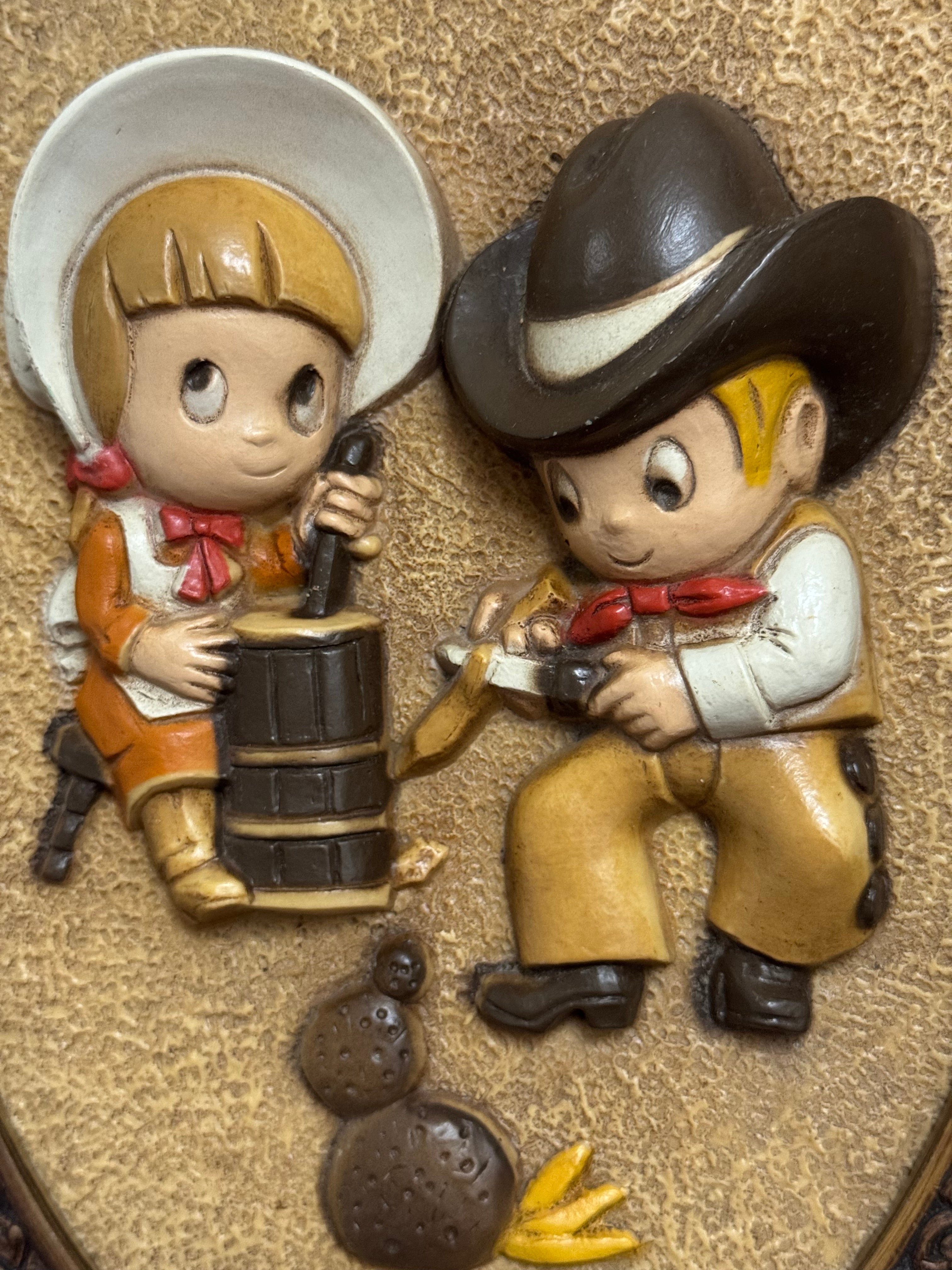 Vintage 1970s Burwood Hubbell 3D Oval Wall Plaque with Cute Cowboy & Cowgirl 14"x8"