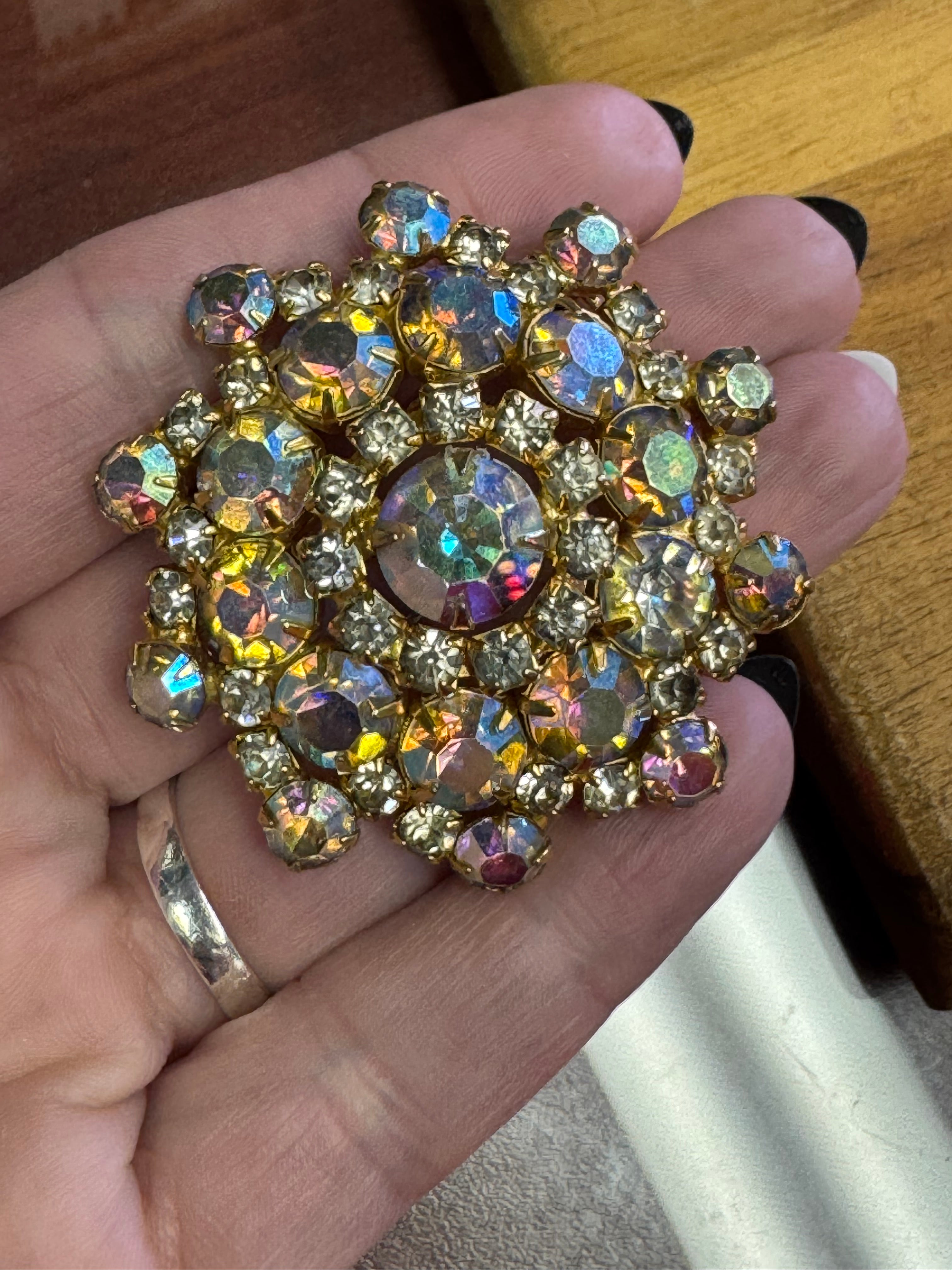 Vintage Aurora Borealis Faceted Layered Rhinestone Brooch