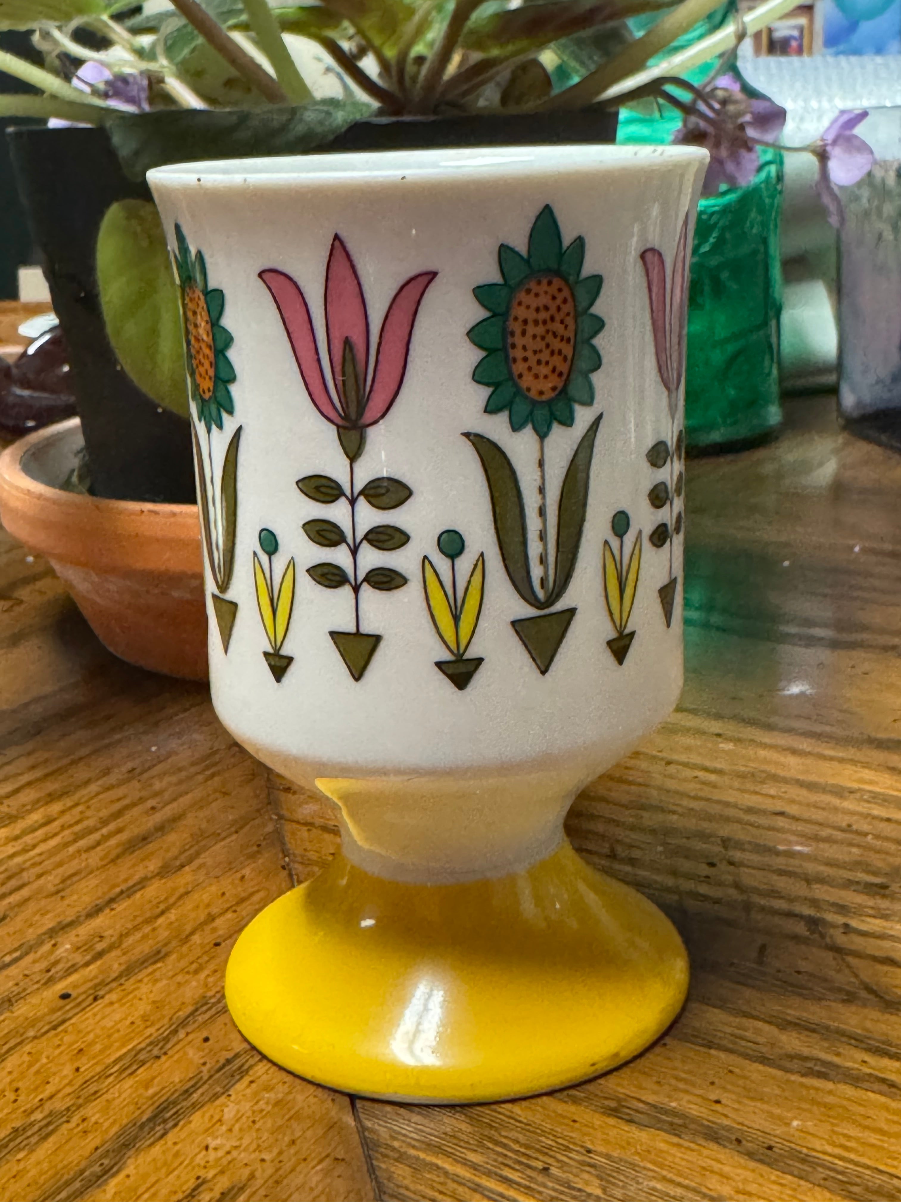 Vintage 1970's Pedestal Coffee Tea Cup Floral Retro Design with Yellow Base