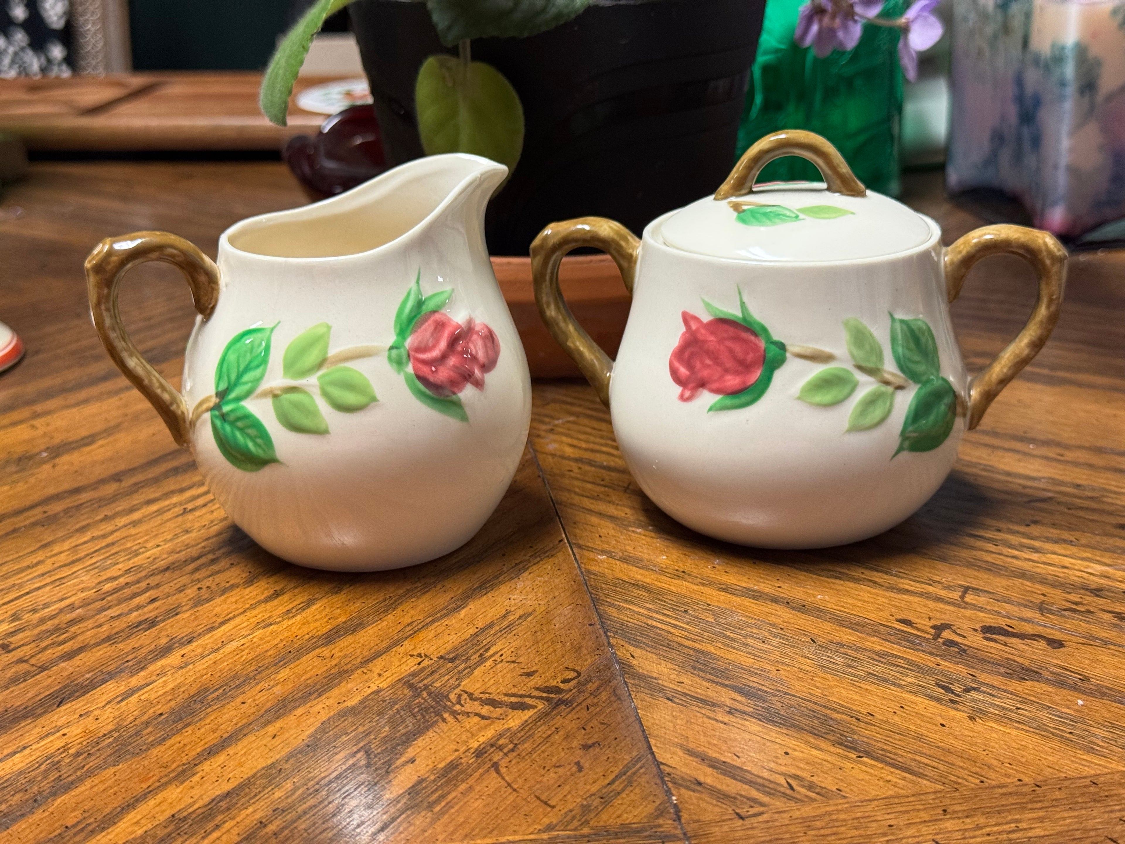 Vintage Norleans Earthenware American Beauty Rose Creamer & Sugar Bowl Pink Roses MCM