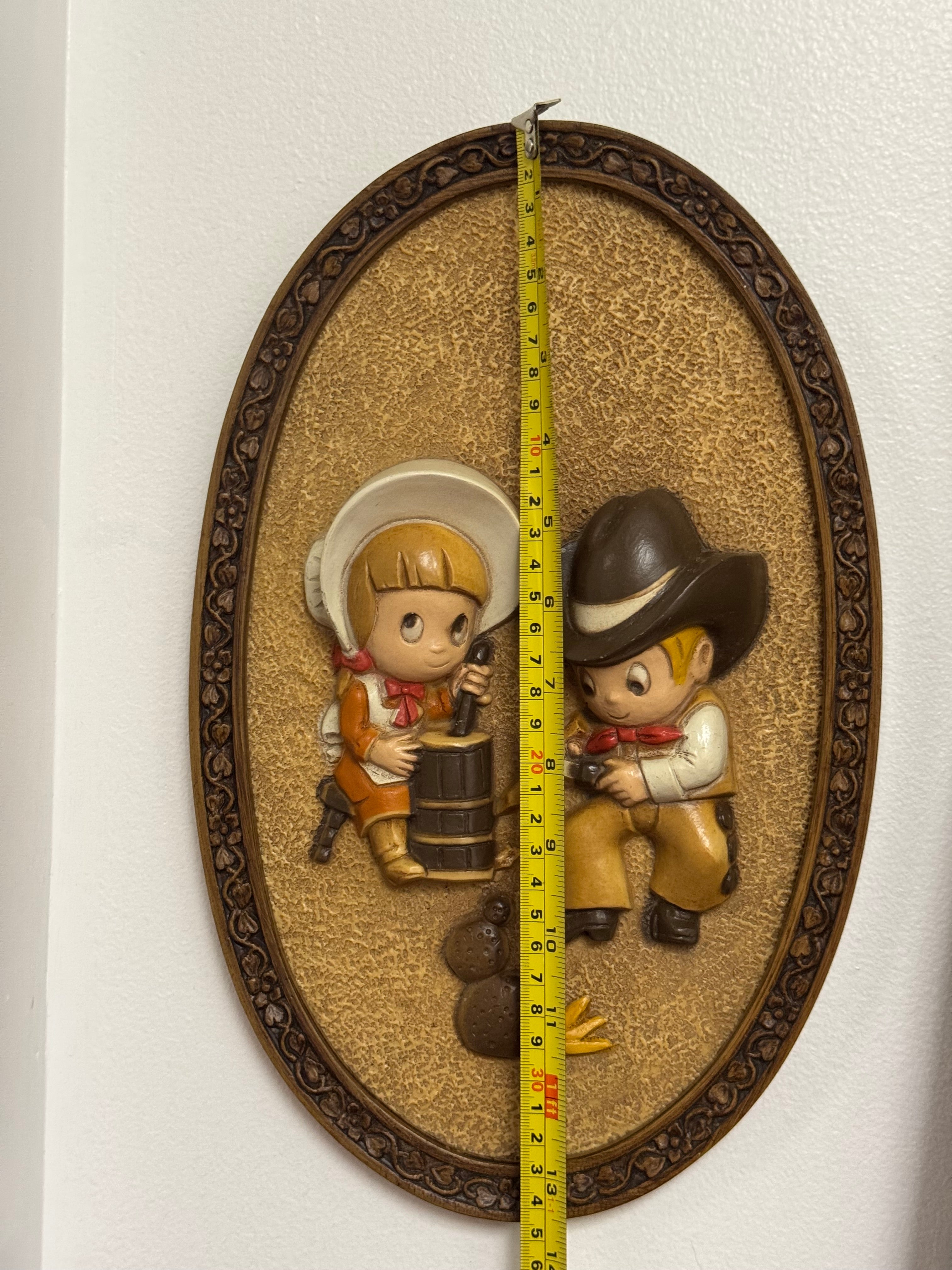 Vintage 1970s Burwood Hubbell 3D Oval Wall Plaque with Cute Cowboy & Cowgirl 14"x8"
