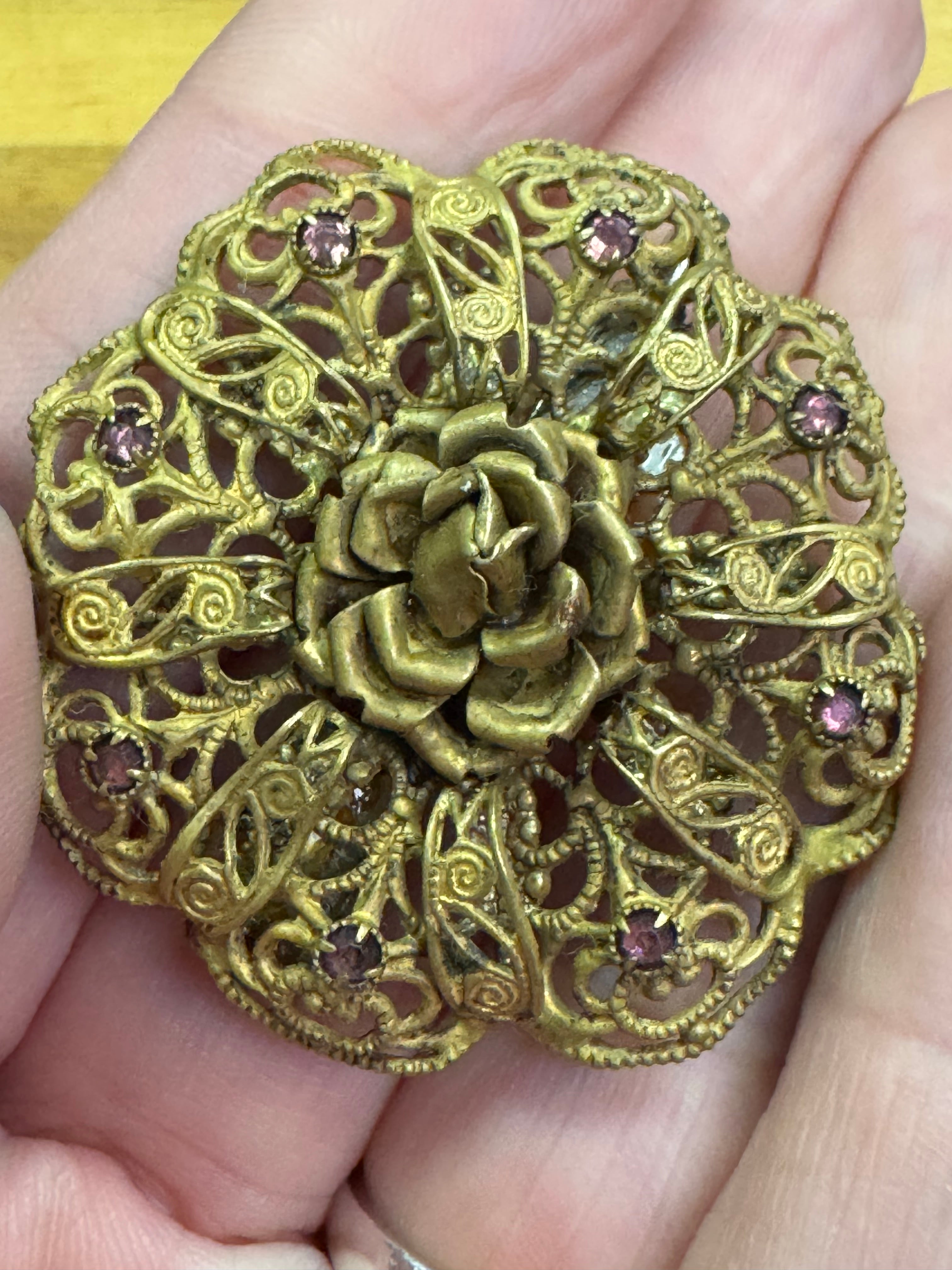 Vintage Victorian Filigree Jeweled Brooch