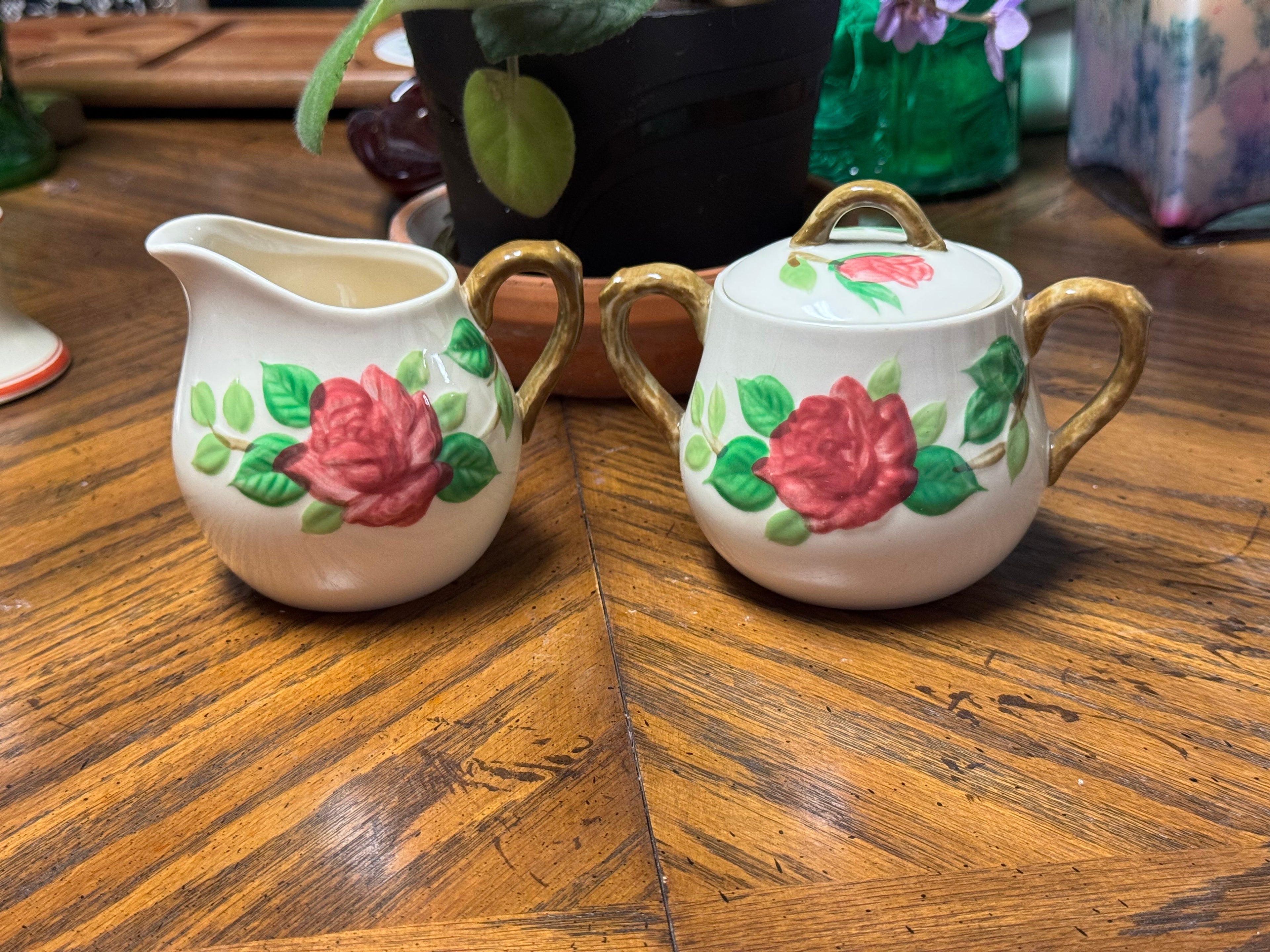 Vintage Norleans Earthenware American Beauty Rose Creamer & Sugar Bowl Pink Roses MCM